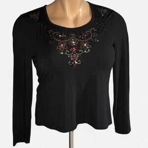 Judith Hart Black Long-Sleeve Top with Beaded Design